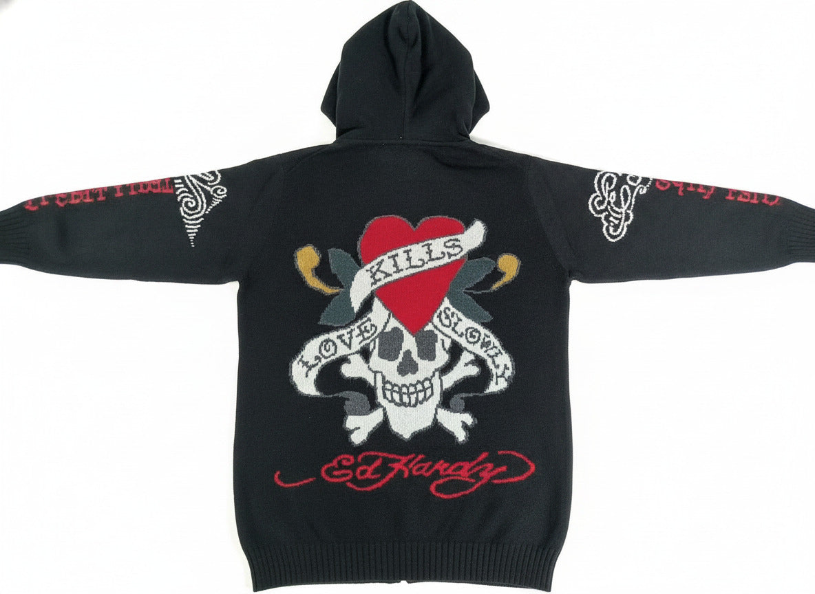 ED HARDY by Christian Audigier-Love Kills Slowly Black Zip-Up Sweater~VTG~ M L XL