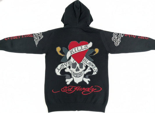 ED HARDY by Christian Audigier-Love Kills Slowly Black Zip-Up Sweater~VTG~ M L XL